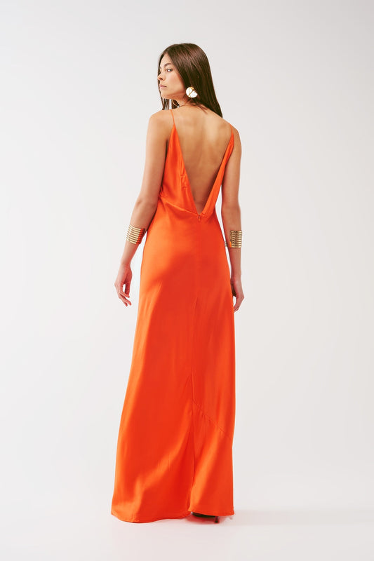 Satin Maxi Dress With Spaghetti Straps in Orange