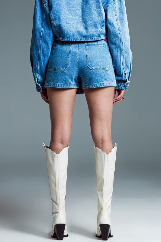 Denim Cargo Mini Short With Front Buttoning in Light Wash