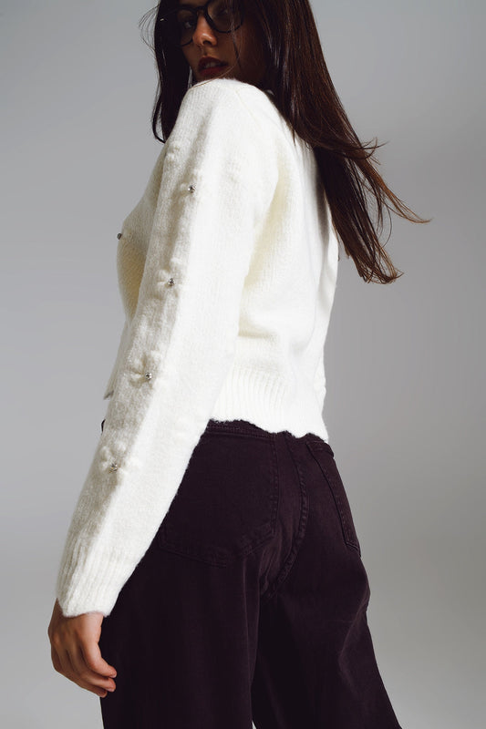 Sweater With Knitted Flowers and Strass Embellished in Cream