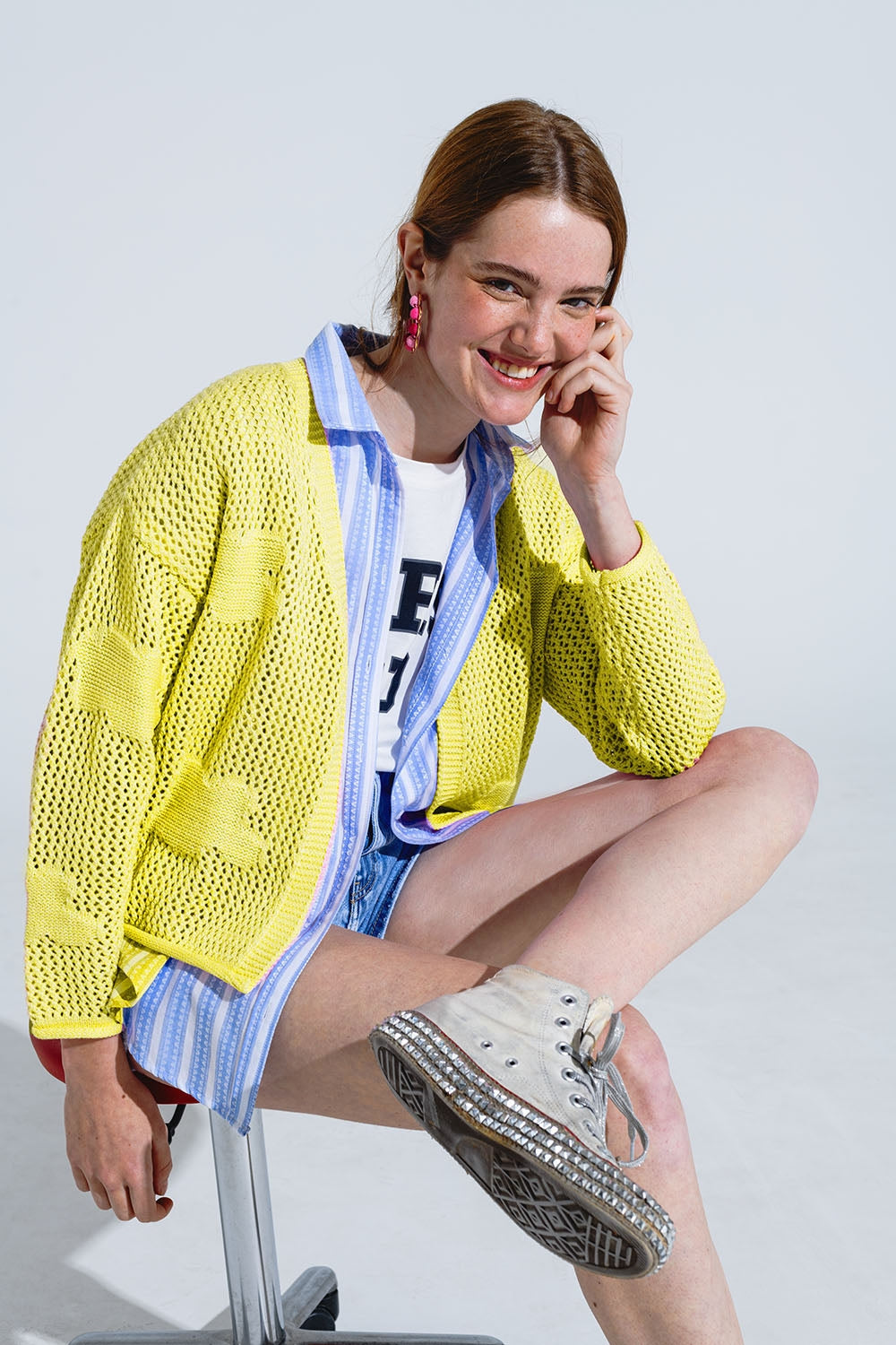 Knitted Crochet Cardigan With Knitted Clouds in Yellow