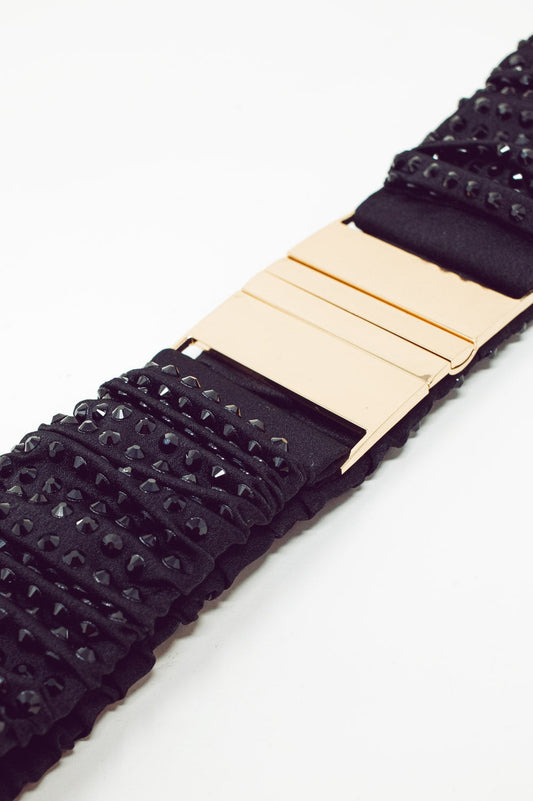 Elasticated Beaded Belt With Golden Buckle in Black