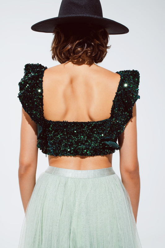 Sequin Cropped Top in Green With Wide Straps
