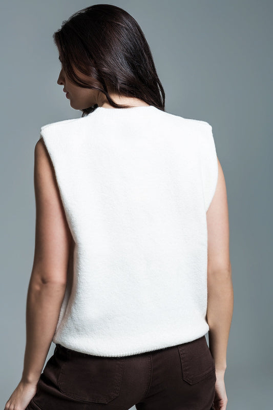 Sleeveless Sweater in White With Silver Sequin Hearts