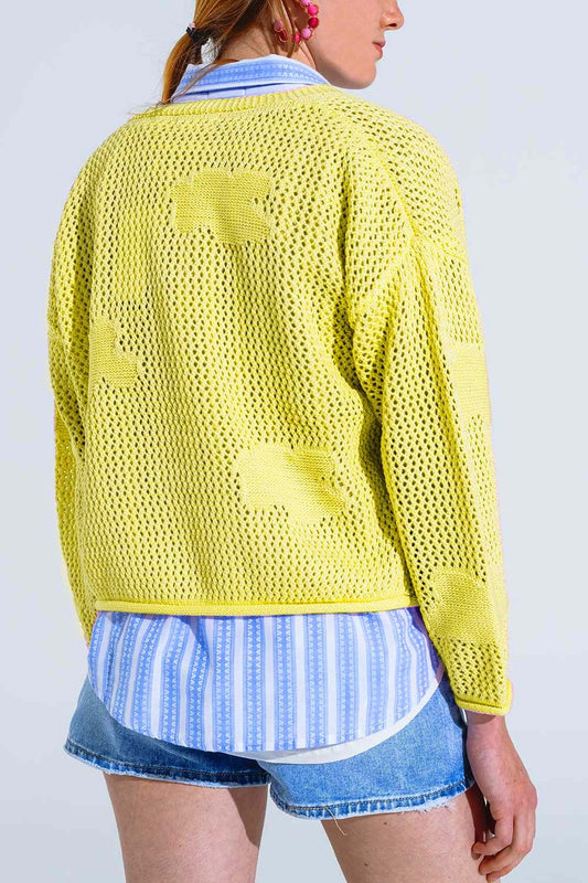 Knitted Crochet Cardigan With Knitted Clouds in Yellow