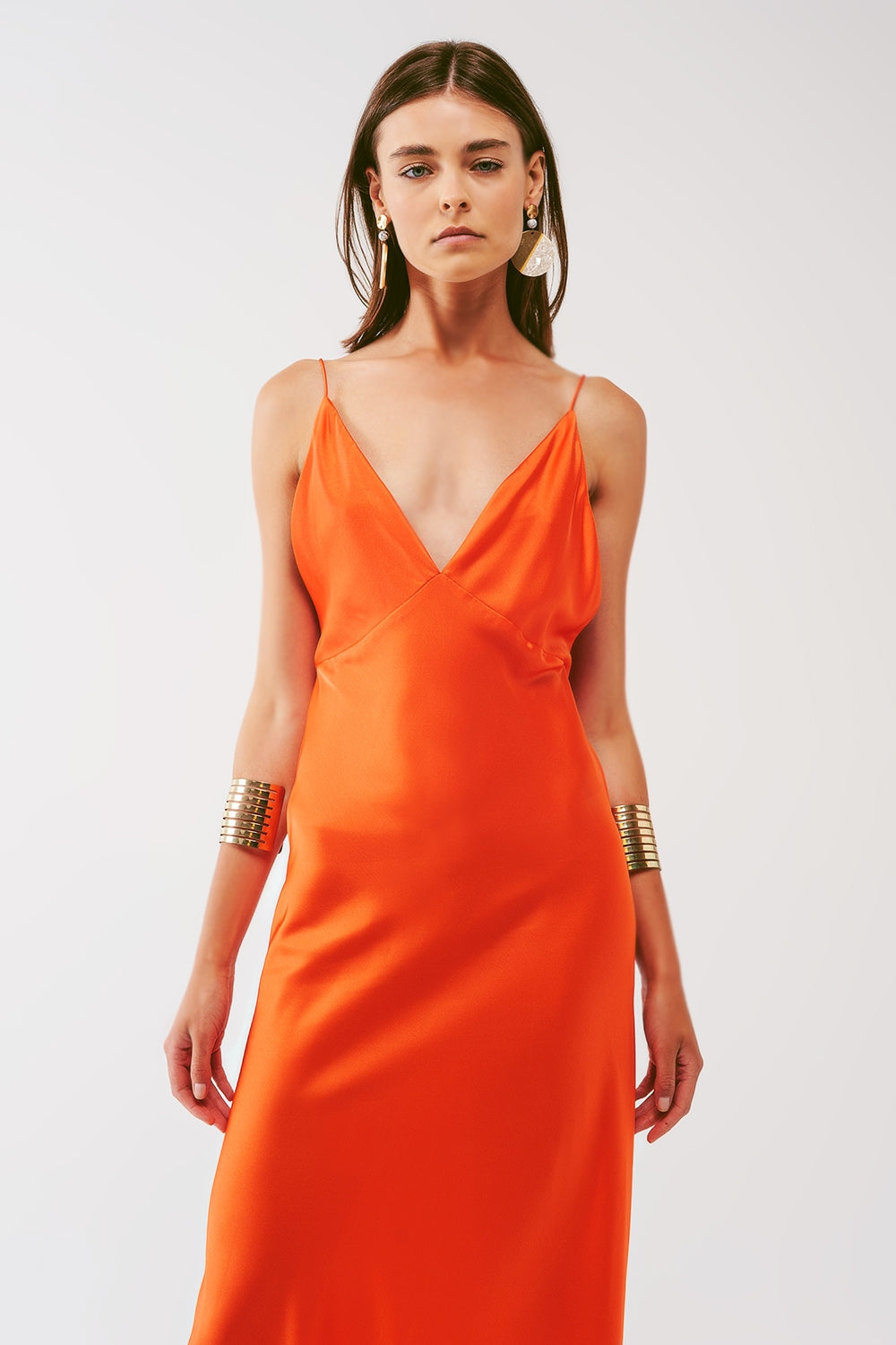 Satin Maxi Dress With Spaghetti Straps in Orange