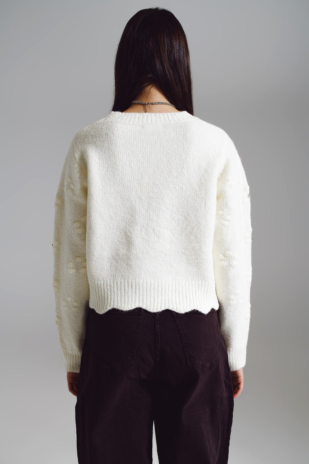 Sweater With Knitted Flowers and Strass Embellished in Cream