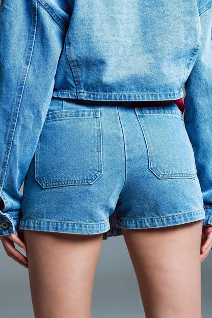 Denim Cargo Mini Short With Front Buttoning in Light Wash