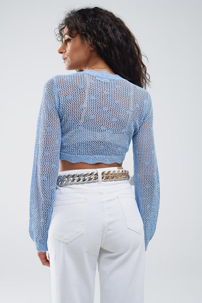 Blue Short Crochet Cardigan With Lurex Detail