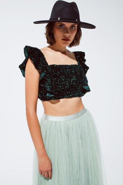 Sequin Cropped Top in Green With Wide Straps