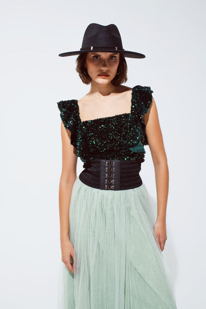 Sequin Cropped Top in Green With Wide Straps