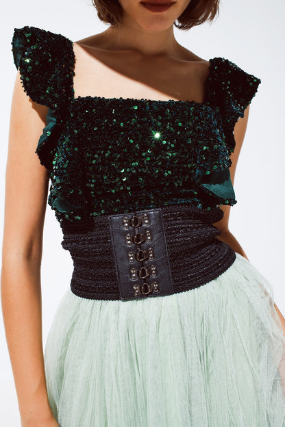 Sequin Cropped Top in Green With Wide Straps