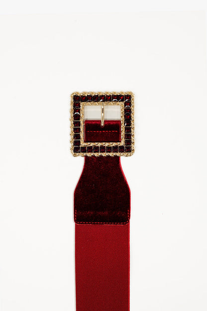 Square Red Belt With Rhinestones and Adjustable Elastic