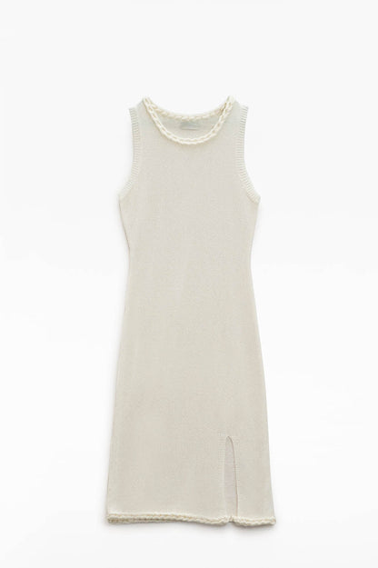 Knitted Midi Dress With Braided Detail in Cream