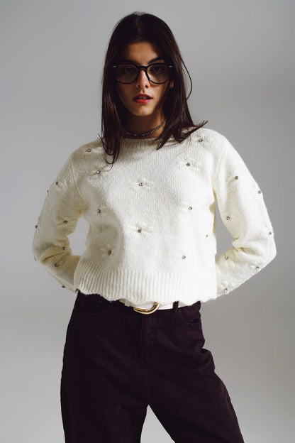 Sweater With Knitted Flowers and Strass Embellished in Cream