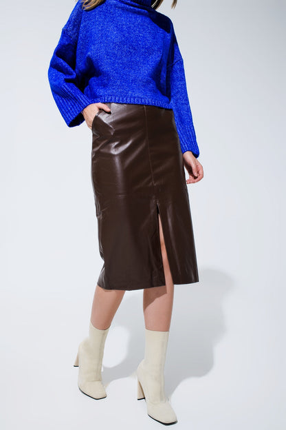 Brown Leatherette Pencil Cut Skirt