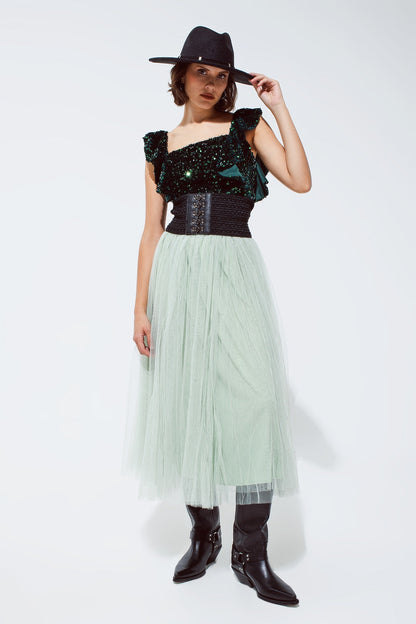 Sequin Cropped Top in Green With Wide Straps
