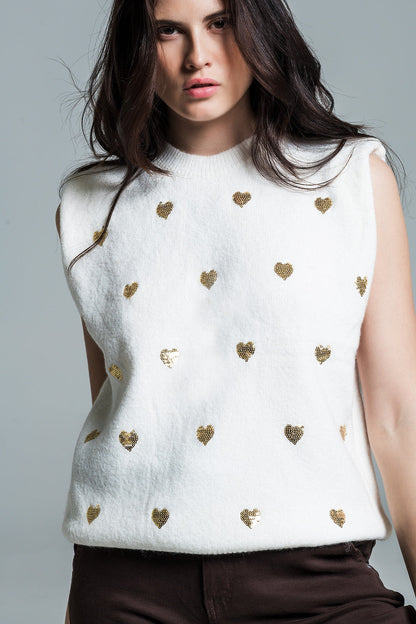 Sleeveless Sweater in White With Silver Sequin Hearts