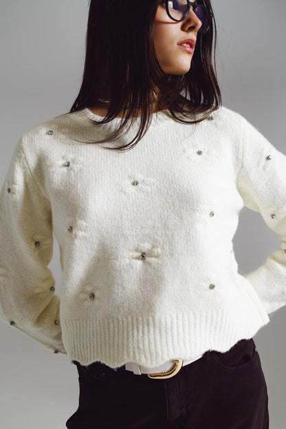 Sweater With Knitted Flowers and Strass Embellished in Cream