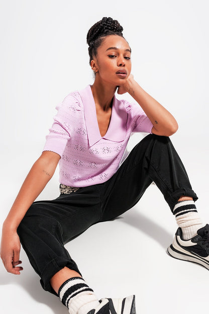 Knitted Pointelle Polo Neck Jumper in Pink