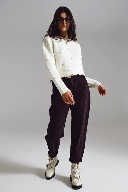 Sweater With Knitted Flowers and Strass Embellished in Cream