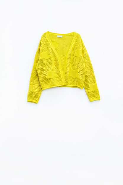Knitted Crochet Cardigan With Knitted Clouds in Yellow