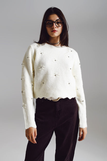Sweater With Knitted Flowers and Strass Embellished in Cream